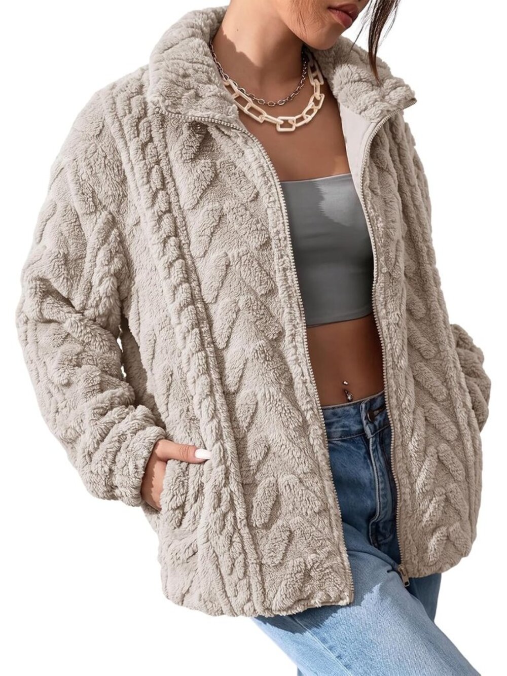 Winter Fleece Jacket for Women 2026 Zipper Casual Coat with Pockets